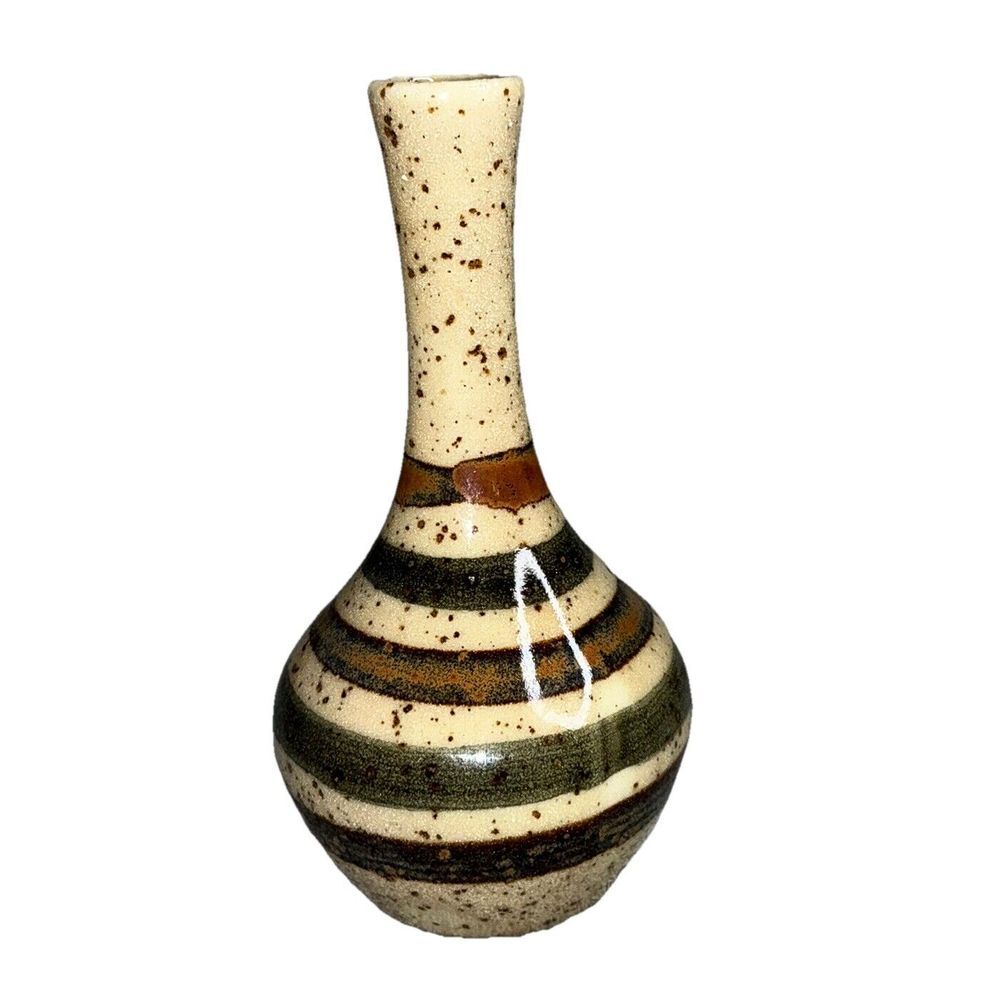 VTG Otagiri OMC Japan Brown Stoneware Hand Painted Round Bud Vase 5" Tall